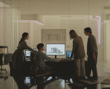 AI-generated image of four people around a monitor with a Revit model on screen